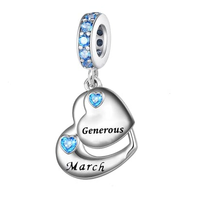 Double Heart Dangle Charm 12 Birthstone Bead for European Bracelet - style: March