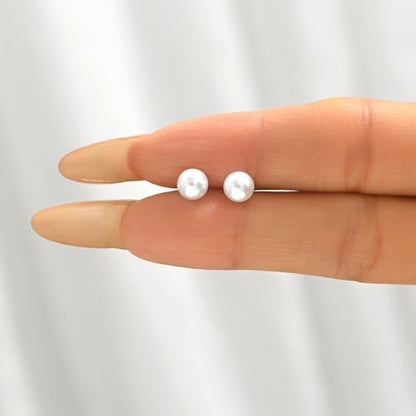 Pearl Stud Earrings for Women Gold/Silver Plated 3mm 4mm 5mm 6mm 8mm Pearl Earrings Dainty Hypoallergenic Earrings - color: White Gold, size: 6 Millimeters