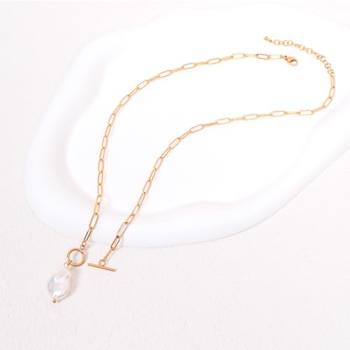 Natural Baroque Pearl/Gemstone Toggle Paperclip Pendant Necklace 18K Gold Plated Oval Natural Stone Jewelry Gift for Women