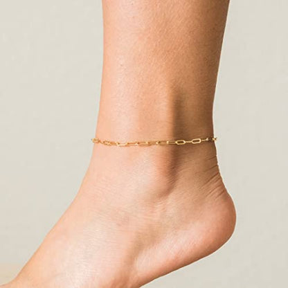 NONAMOIS Ankle Bracelets for Women Dainty 18K Gold Plated Anklet Waterproof Round Beaded Paperclip Herringbone Pearl Chain Anklets Waterproof Beach Foot Jewelry - color: Paperclip-Gold