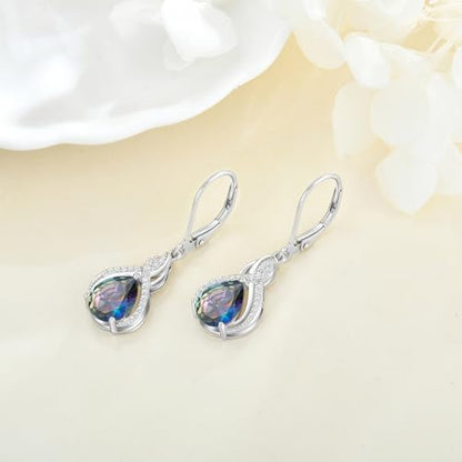 925 Sterling Silver Infinity Teardrop Earrings for Women | Lwsary Dangle Drop Leverback Earrings, Pear Shaped Birthstone Jewelry for Her - color: Rainbow