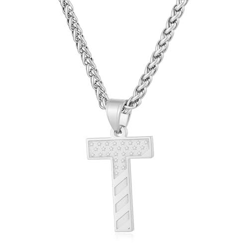 Initial Necklace for Men Stainless Steel Pendent Chain Personalized A-Z Letter Necklaces Black/Gold/Silver Christmas Jewelry Gifts - color: Silver, style: Initial-T