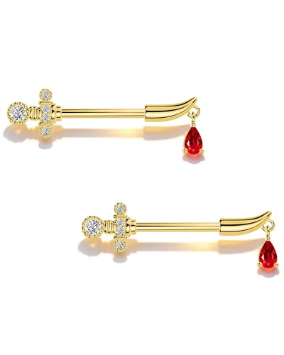Sword Nipple Rings 316L Stainless Steel Dangle Nipple Piercing Jewelry 14G Dagger Nipple Barbells 14mm Nipple Piercing Rings - color: Gold