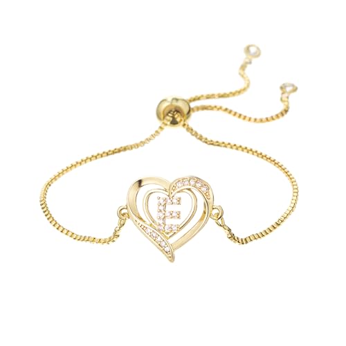 14K White Gold Plated Initial Heart Bracelet for Women Zircon Inlay Heart Initial Charm Bracelets Adjustable Minimalist Jewelry - color: E-gold