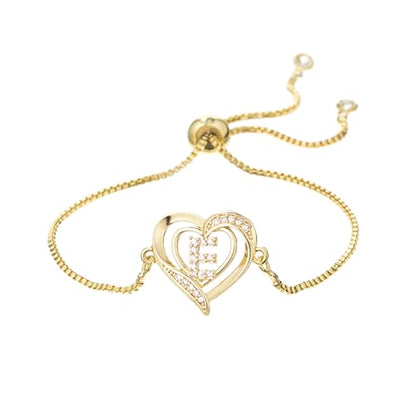 14K White Gold Plated Initial Heart Bracelet for Women Zircon Inlay Heart Initial Charm Bracelets Adjustable Minimalist Jewelry - color: E-gold