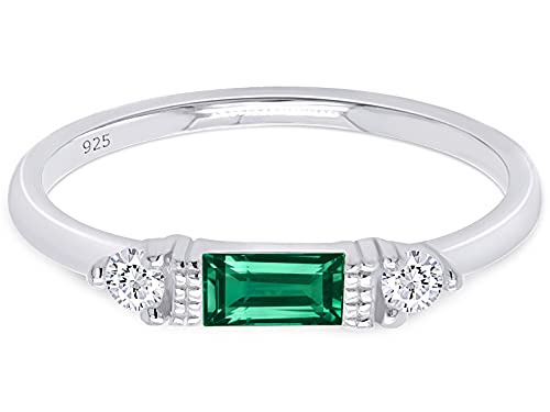 3 Stone Stackable Ring for Women with Birthstone And White Cubic Zircionia | Dainty Minimalist Ring In 14K Gold Over Sterling Silver - color: White Gold : Simulated Emerald