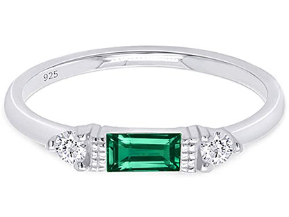 3 Stone Stackable Ring for Women with Birthstone And White Cubic Zircionia | Dainty Minimalist Ring In 14K Gold Over Sterling Silver - color: White Gold : Simulated Emerald