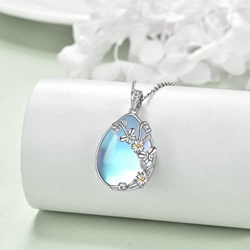 YAFEINI 925 Sterling Silver Moonstone Necklace Filigree Teardrop Pendant Necklace Jewelry for Women Girls - color: C-Daisy Butterfly Moonstone