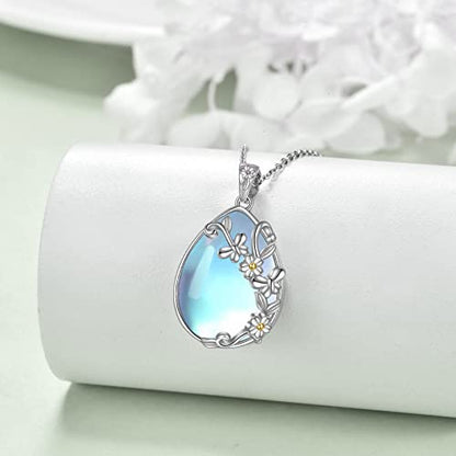 YAFEINI 925 Sterling Silver Moonstone Necklace Filigree Teardrop Pendant Necklace Jewelry for Women Girls - color: C-Daisy Butterfly Moonstone