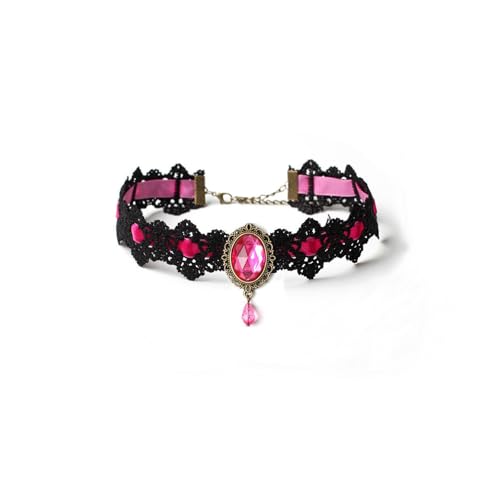 Gothic Lace Choker Vampire Necklace for Women,Black Lace Red Crystal Pendant Necklaces for Halloween,Goth Black Necklace Jewelry Witch Costume Vampire Accessories - style: Style Rose Red