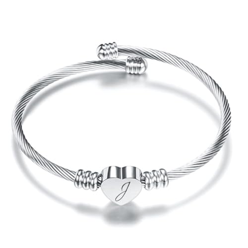 A-Z Silver Love Heart Initial Letter Alphabet Name Cuff Bracelet Open Bangle Adjustable Jewellery Gift For Daughter Sisters Friends Mum Birthday Compatible With Pandora Clip Charm - color: J Silver Heart