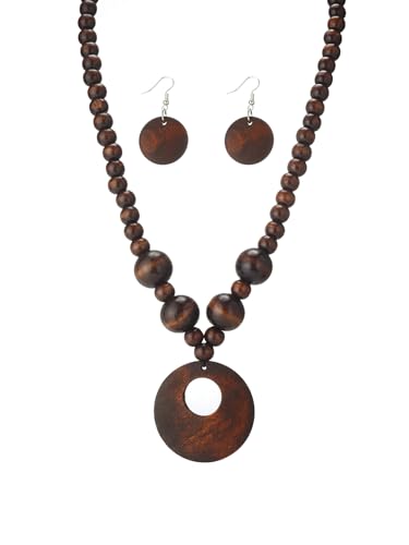 LOTSOF Boho Wooden Beaded Necklace and Earring Set for Women, Bohemian Chunky Statement Costume Jewelry, Round Drop Pendant Retro Ethnic Accessories Ladies Gift - color: Brown