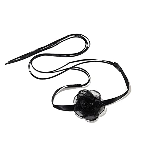 Pingyongchang Black Choker Necklace Camellia Flower Lace-Up Necklace for Women Lace Velvet Collar Colorful Bride Wedding Party Summer Necklaces Long Ribbon Vintage Big Flower Mother's Day Jewelry - color: Black