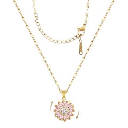 Sunflower Fidget Necklace for Women Gold Moon Necklace Rotating Heart Necklaces Spinning Crystal Flower Anxiety Necklaces Crescent Moons Jewelry Accessories - color: Pink