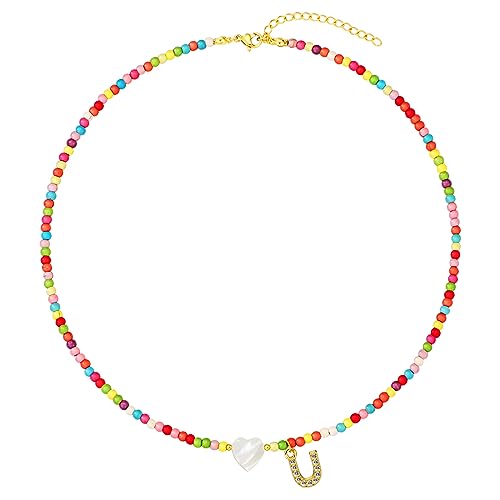 MJartoria Initial Necklaces for Women, Colorful Beaded Necklace, Shell Beach Necklace Letter Choker Handmade Jewelry Gifts - style: U