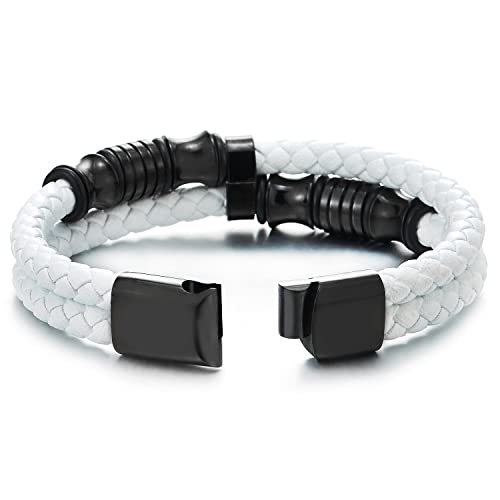 COOLSTEELANDBEYOND Mens Double-Row Braided Leather Bracelet Bangle Wristband with Black Stainless Steel Ornaments - color: M-White