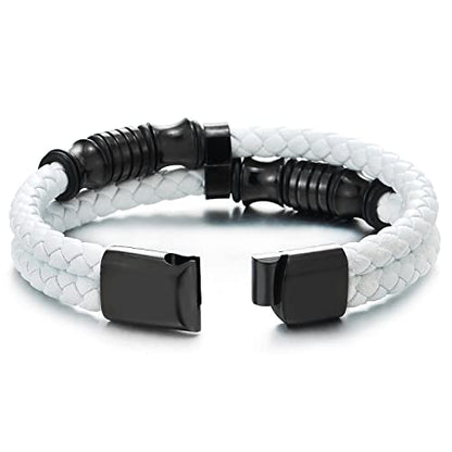 COOLSTEELANDBEYOND Mens Double-Row Braided Leather Bracelet Bangle Wristband with Black Stainless Steel Ornaments - color: M-White