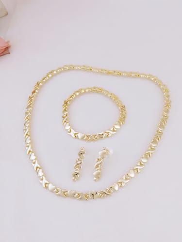 Women's Gold wedding Jewelry Set Tricolor Hugs Kisses Heart necklace set - color: Gold