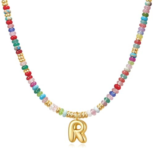 YOUFENG Initial Letter Necklaces for Women Colorful Beaded Gemstone Choker 14K Gold Plated Bubble Letter Pendant Necklace Natural Stone Handmade Jewelry Gift - color: R