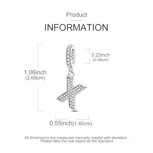 Hapour Letter 925 Sterling Silver Charm with Cubic Zirconia Alphabet A-Z Initial Dangle Charms Beads Pendent DIY Jewelry for Bracelets Necklace - color: X
