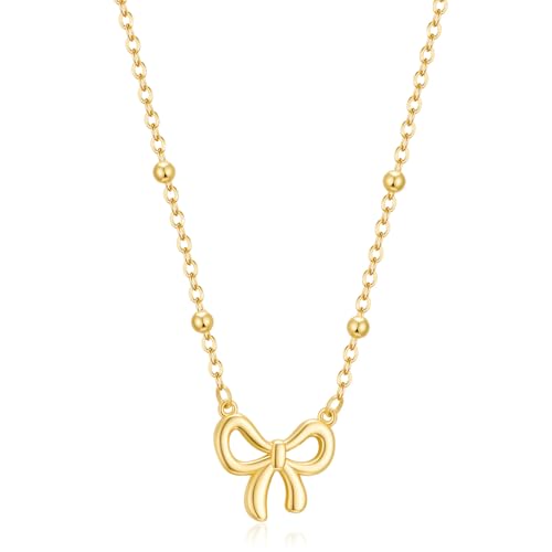 Thaivor Necklace for Women Dainty Bow Necklace 14K Gold Plated Cute Choker Small Pendant Charm Necklaces Teen Gift Trendy Stuff Personalized Jewelry Gifts - color: Gold-Bead-2