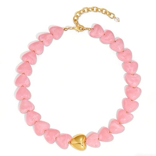 Chunky Beaded Necklace for Women Trendy Multicolor Resin Beads Choker Necklaces Boho Summer Statement Necklace Chunky Heart Jewelry - color: Heart necklace-pink
