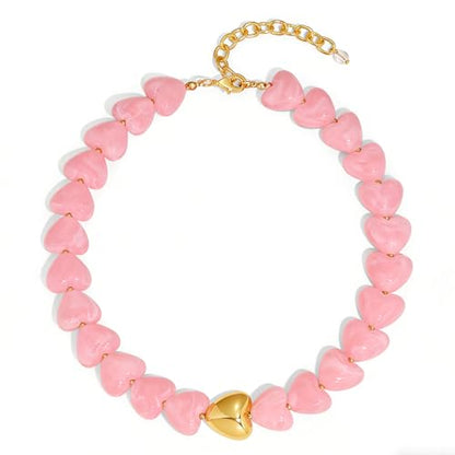 Chunky Beaded Necklace for Women Trendy Multicolor Resin Beads Choker Necklaces Boho Summer Statement Necklace Chunky Heart Jewelry - color: Heart necklace-pink