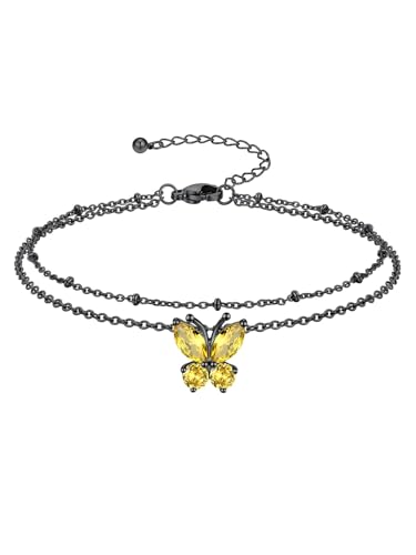 Richsteel Double Layer Heart/Butterfly Birthstone Anklet for Women | Non Tarnish Waterproof, Silver/Gold/Black Stainless Steel 8.5-10.5 Inch Adjustable Chain Anklets Summer Beach Foot Jewelry - color: Black Butterfly-11 Nov.(Yellow Topaz)