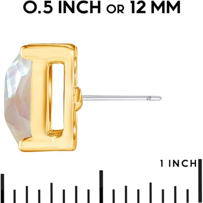 Large Square Stud Earrings for Women - Big Sparkly Rhinestone Studs | Plated in Gold Tone or Silver Tone, Hypoallergenic and Safe for Sensitive Ears - color: Mother of Pearl