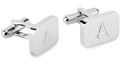 18K White-Gold Plated Initial Engraved Stainless Steel Men’s Cufflinks With Gift Box -Personalized Alphabet Letter’s A-Z By Lux & Pair - style: A- White Gold