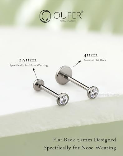 OUFER 2Pcs 20G/18G/16G G23 Titanium Threadless Nose Stud Earrings Flat Back Tiny CZ Small Nose Helix Cartilage Tragus Conch Labret Medusa Monroe Piercing Jewelry for Women Men - color: Silver Black, size: 2pcs, 20g 7mm, 2.5mm cz