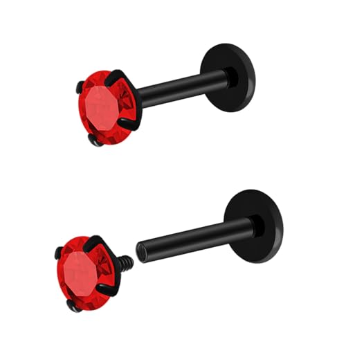16G 18G Titanium Internal Thread CZ Stud Earrings Flat Back, Silver Black Tragus Helix Conch Cartilage Piercing Jewelry for Women Men 6mm 8mm 10mm Labret Studs 2PCS - color: Black, 16g, 10mm bar, 5mm Red CZ