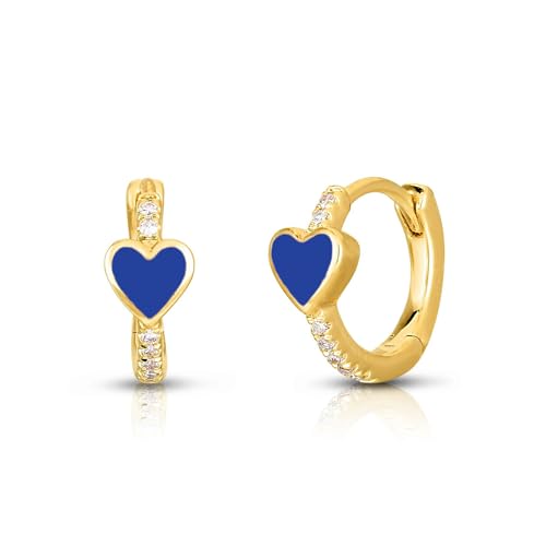 Enamel Heart Huggie Hoop Earrings with Cubic Zirconia Silver Small Hinged Hoops for Women - color: Heart Blue Enamel