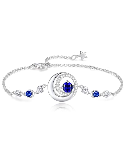 FANCIME Birthstone Bracelets 925 Sterling Silver Moon and Star Bangle Charm Bracelet Fine Jewelry Anniversary Birthday Mothers Day Gifts for Mom Her Women, Adjustable Chain 6.7"+1.2" Extend - color: link-9-sapphire