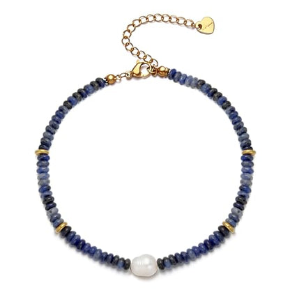 Gemstone Beaded Bracelets with Freshwater Pearl | Crystal Beaded Bracelet Boho Natural Stone Trendy Jewelry Gifts - color: Blue