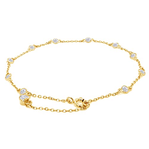 Link Chain Station Anklet Bracelet for Women 1.00 CT | 3MM Round Moissanite in Sterling Silver Jewelry for Her 8" to 10" - color: A2 : Yellow Gold
