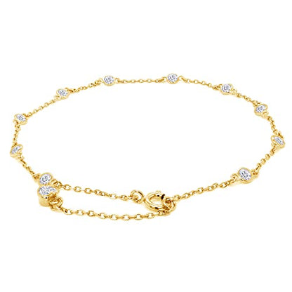 Link Chain Station Anklet Bracelet for Women 1.00 CT | 3MM Round Moissanite in Sterling Silver Jewelry for Her 8" to 10" - color: A2 : Yellow Gold