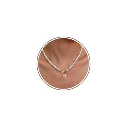 Pearl Necklaces for Women Bubble A-Z Initial Necklace Gold Dainty Pearl Choker Necklace Anniversary Birthday Graduation Gifts for Her Teen Stocking Stufffers Christmas Jewelry - color: M