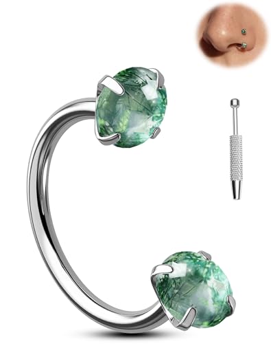 Jewseen Titanium Horseshoe Nose Ring 20G Double Gem Nose Ring for Women Moss Agate Internally Threaded Lip Septum Piercing Jewelry Horseshoe Helix/Daith/Tragus Earring for Women - color: Moss Agate-7MM