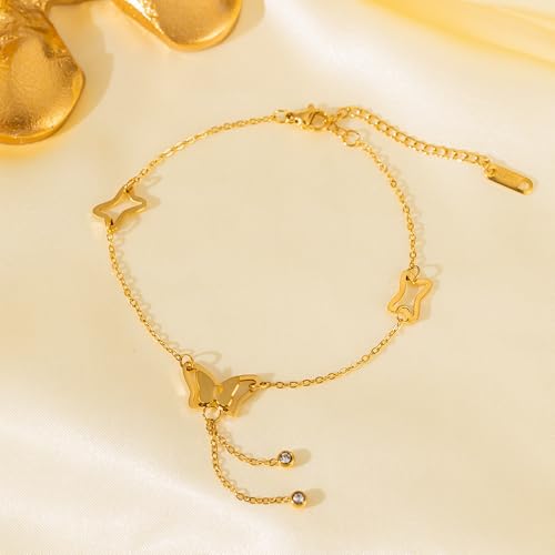 Dainty Gold Anklets for Women Stainless Steel Simple Ankle Bracelets Summer Beach Foot Chain Jewelry Gift - color: Butterfly Tassels