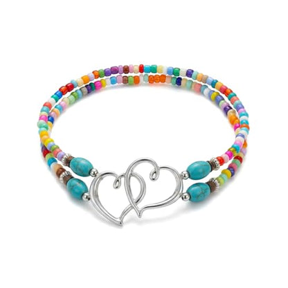 Ankle Bracelets for Women Waterproof Elastic Anklets | Boho Layered Beaded Ankle Bracelet Double Heart Colorful Anklet Summer Beach Jewelry Accessories - style: Colour Style