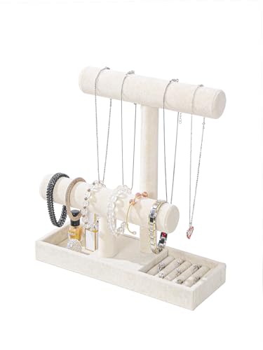 Coward 2 Tier Necklace Bracelet Holder Organizer With ring Tray, Multi-use Jewelry Display Stand For Necklace Bracelet Bangle Watch Scrunchie (Beige/no Lid) - color: Beige Velvet