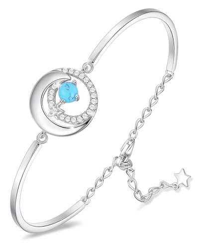FANCIME Birthstone Bracelets 925 Sterling Silver Moon and Star Bangle Charm Bracelet Fine Jewelry Anniversary Birthday Mothers Day Gifts for Mom Her Women, Adjustable Chain 6.7"+1.2" Extend - color: Dec.- Turquoise