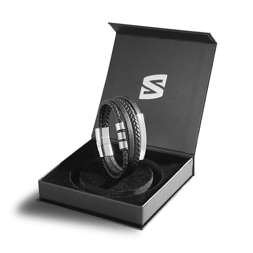 SERASAR Premium Leather Bracelet Men | Stainless Steel Magnetic Clasp | Three Colors | Jewelry Box Included - color: Silver, size: 20cm, style: Brave
