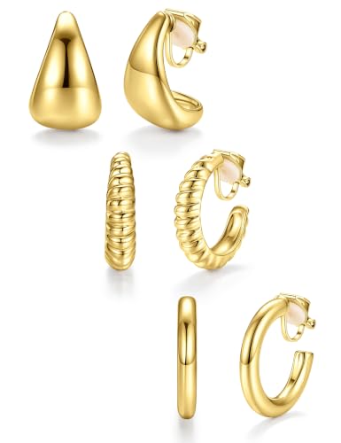 Giovanchi 3Pairs Clip on Earrings for Women with Non-Pierced Ears - Trendy Hypoallergenic 14K Gold Plated Chunky Tube Croissant Waterdrop Clip on Hoop Earrings - style: A-Gold