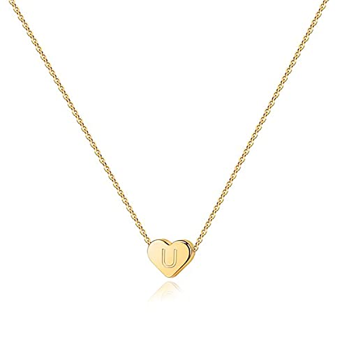 PAVOI 14K Gold Plated Tiny Heart Necklace | Dainty Necklace for Women | Personalized Letter Heart Choker | Adjustable Slider - style: - U