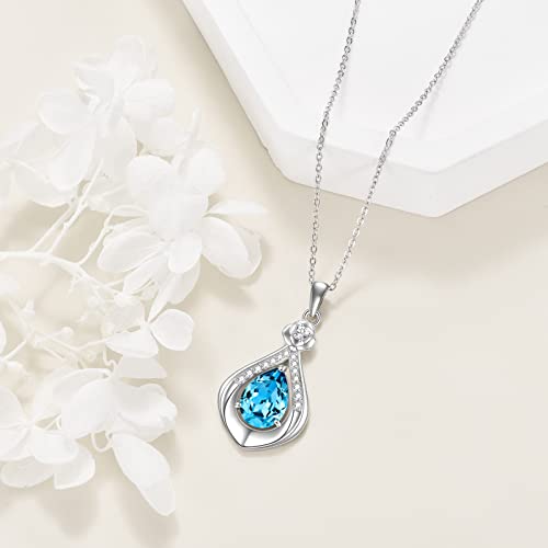 VONALA Sterling Silver Necklace Moss Agate/Turquoise/Larimar/Aquamarine/Opal/Black Onyx/Rose Quartz/Moonstone Pendant Teardrop Necklace Jewelry Gift for Women - style: Aquamarine