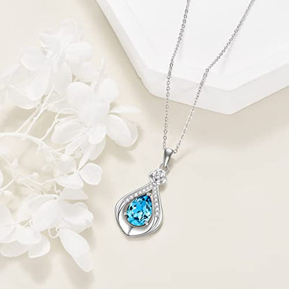 VONALA Sterling Silver Necklace Moss Agate/Turquoise/Larimar/Aquamarine/Opal/Black Onyx/Rose Quartz/Moonstone Pendant Teardrop Necklace Jewelry Gift for Women - style: Aquamarine