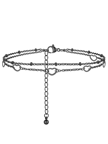 PROSTEEL Ankle Bracelets for Women, Silver/Gold/Black, Waterproof Anklets | Waterproof, Stainless Steel, Summer Beach Jewelry, Durable & No Tarnish, Come with Gift Box, 8-10.5" Adjustable, Plus Size - color: I: Black--6 Heart Layered