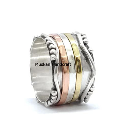 925 Sterling Silver 3 Tone Spinner Band Ring, Hammered Spin Yoga Ring, Spinning Dainty Ring, Unique Handmade Wedding Gifts Ring For Women